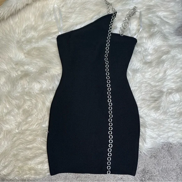 Nwt Hours Alisha one shoulder Elegant‎ mini Black Chain Strap Dress - Picture 7 of 11